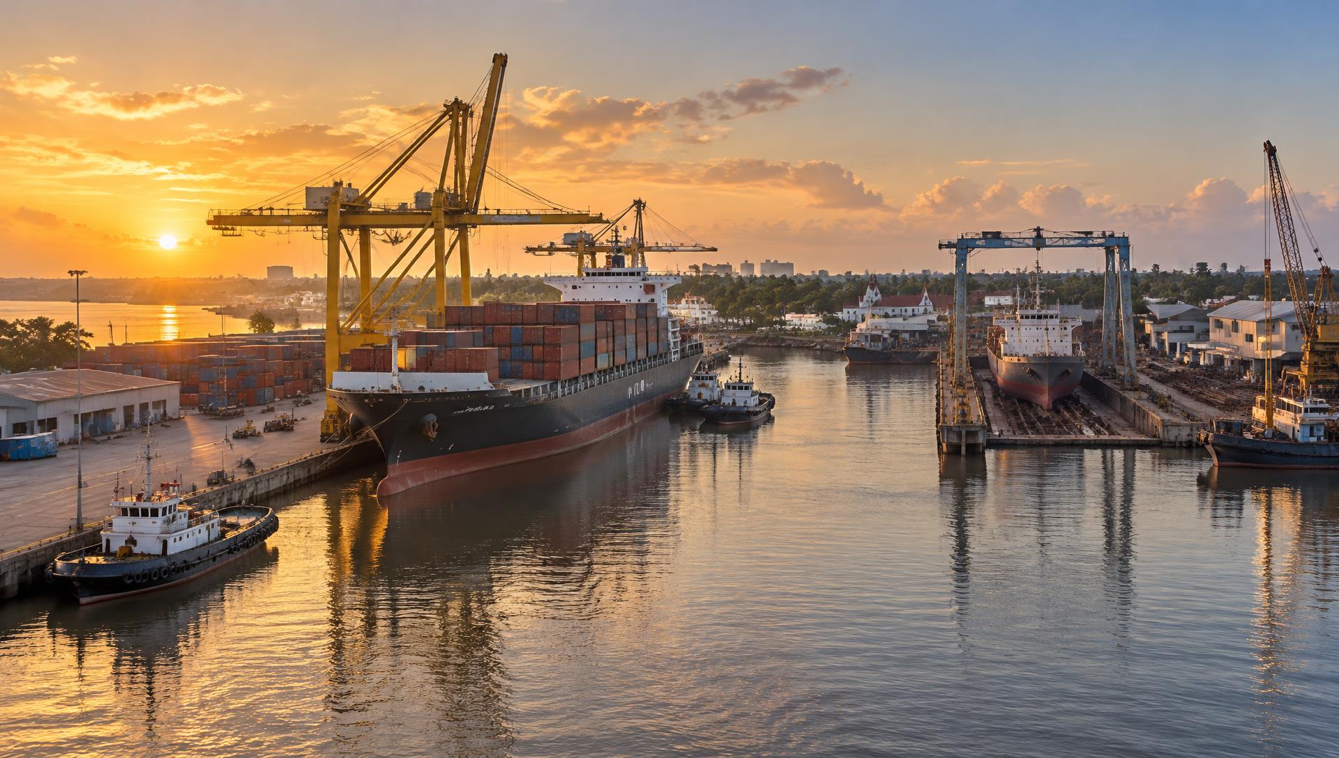 Container terminal, gantry cranes and a dry dock on the Demerara River, Georgetown, at golden hour